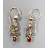 A pair of Victorian yellow and white metal, garnet and round and rose cut diamond set drop earrings,