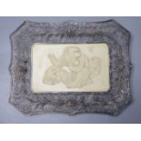 A Japanese Meiji period ivory and white metal filigree work 'monkey' tray, engraved two character