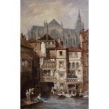 Manner of Samuel Prout, watercolour, Riverside scene with cathedral beyond, 48 x 31cm