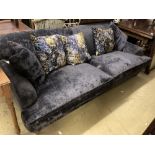 A modern contemporary large sofa upholstered in dark blue velvet, length 230cm, depth 110cm,