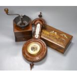 An aneroid barometer together with a 19th century mahogany coffee grinder and an inlaid box