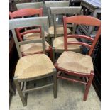 Six (four plus two) French stained beech rush seated dining chairs