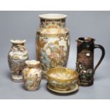 Five pieces of Satsuma pottery together with a Sumida pottery jug, tallest 31cm