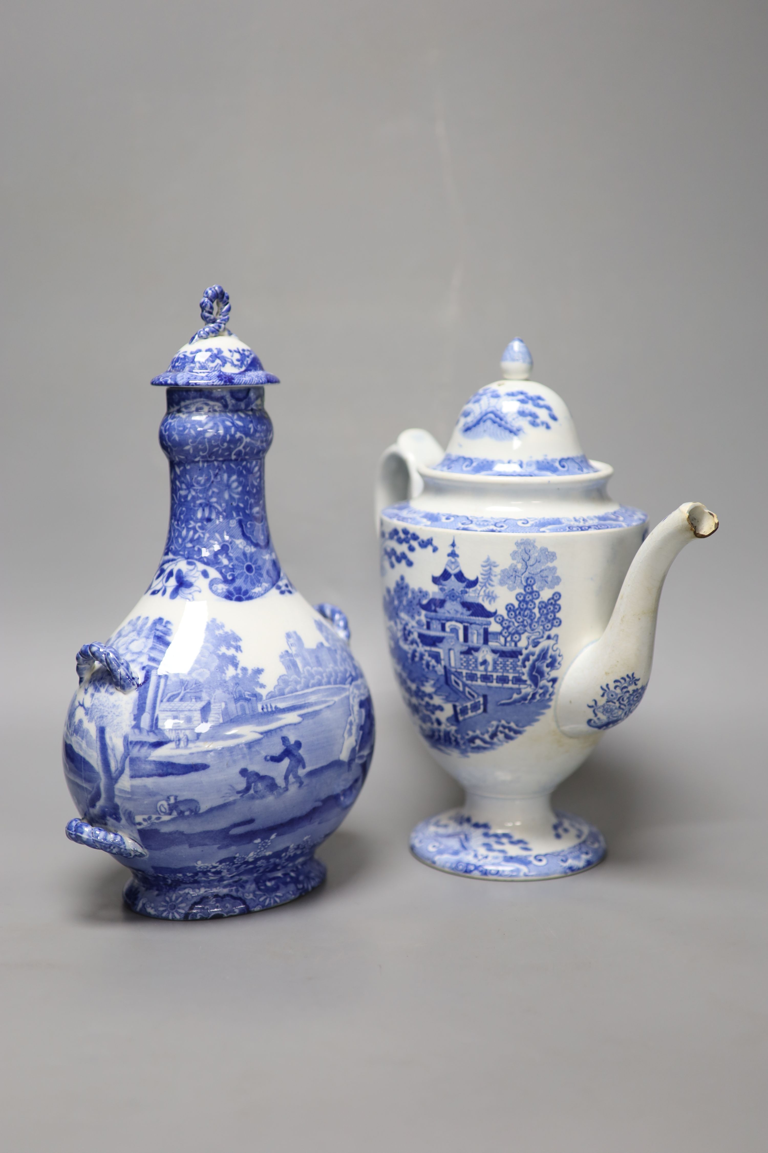 A Staffordshire pearlware blue and white pottery coffee pot and a Copeland Spode pilgrim flask, - Image 4 of 8