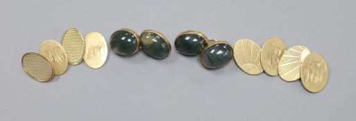A pair of 1960's 9ct gold and moss agate set oval cufflinks, gross 11.1 grams and two pairs of 9ct
