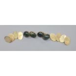 A pair of 1960's 9ct gold and moss agate set oval cufflinks, gross 11.1 grams and two pairs of 9ct