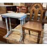 A nest of two painted rectangular tea tables and a Victorian Gothic style walnut hall chair