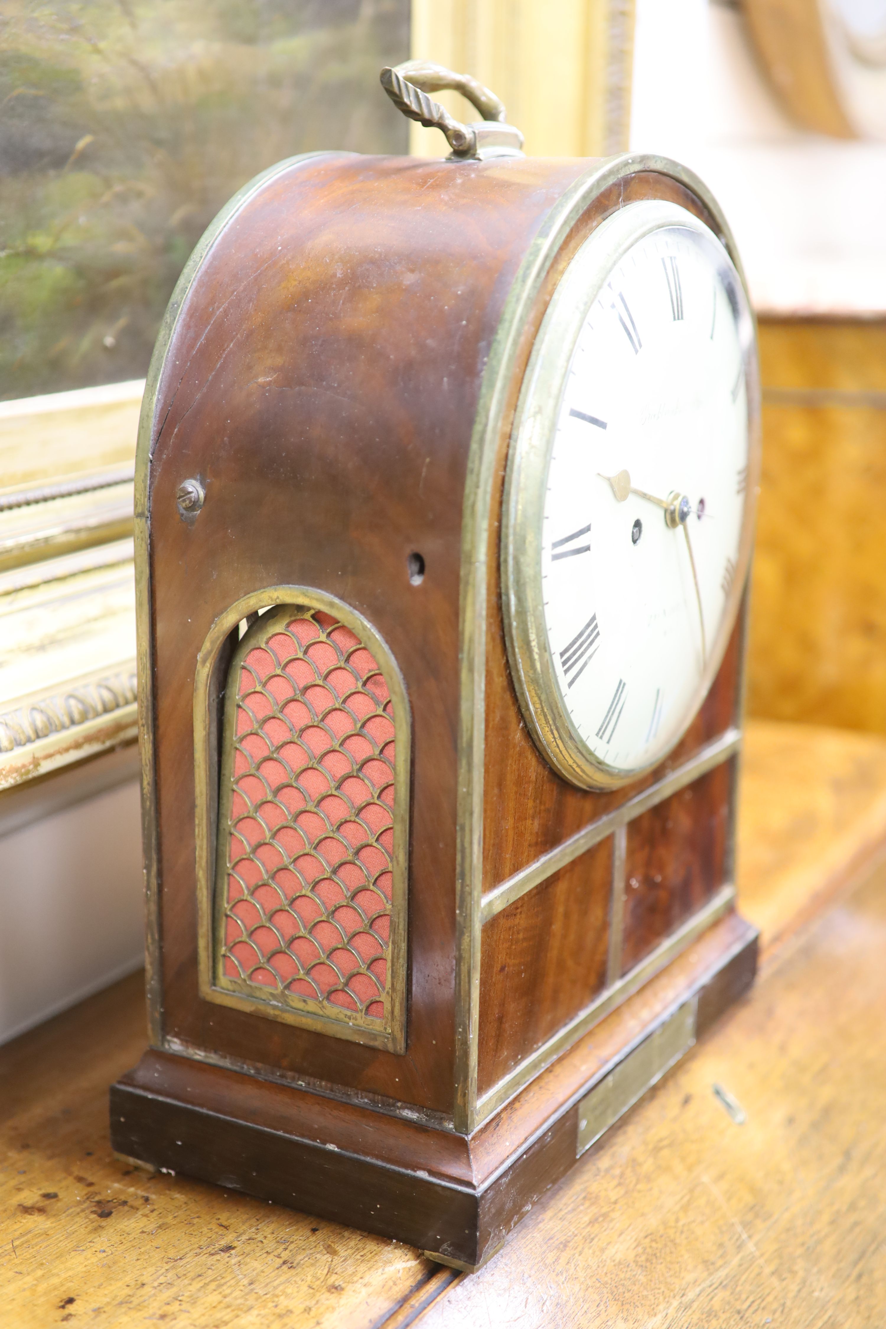 A Regency mahogany bracket clock, by Brockbanks & Atkins, height 39cm with handle down - Image 3 of 3