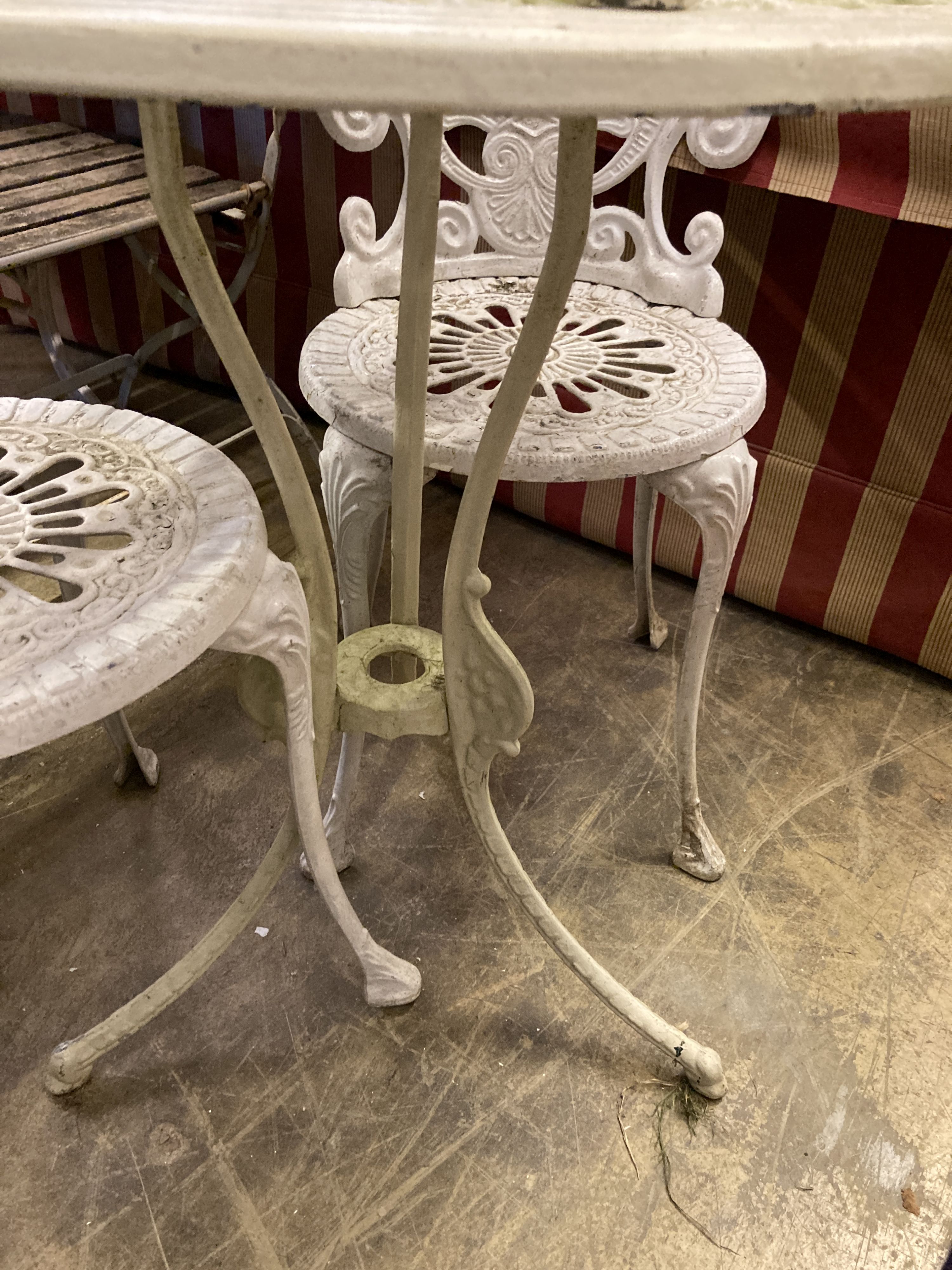 A circular Victorian style painted aluminium garden table, diameter 69cm together with a set of four - Image 5 of 5