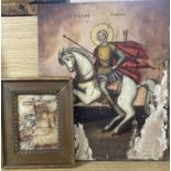 Eastern European School, tempera on panel, Icon of St Minas on horseback, 36 x 29.5cm and a small