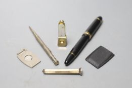 A Mont Blanc Meisterstuck No.149 pen, two silver propelling pencils, a other of pearl cigar cutter