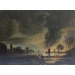 After Pether, oil on canvas, Estuary scene at night with fire beside a windmill, 31 x 42cm,