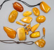 A group of assorted amber jewellery including, earrings, brooches and pendants, gross weight 136