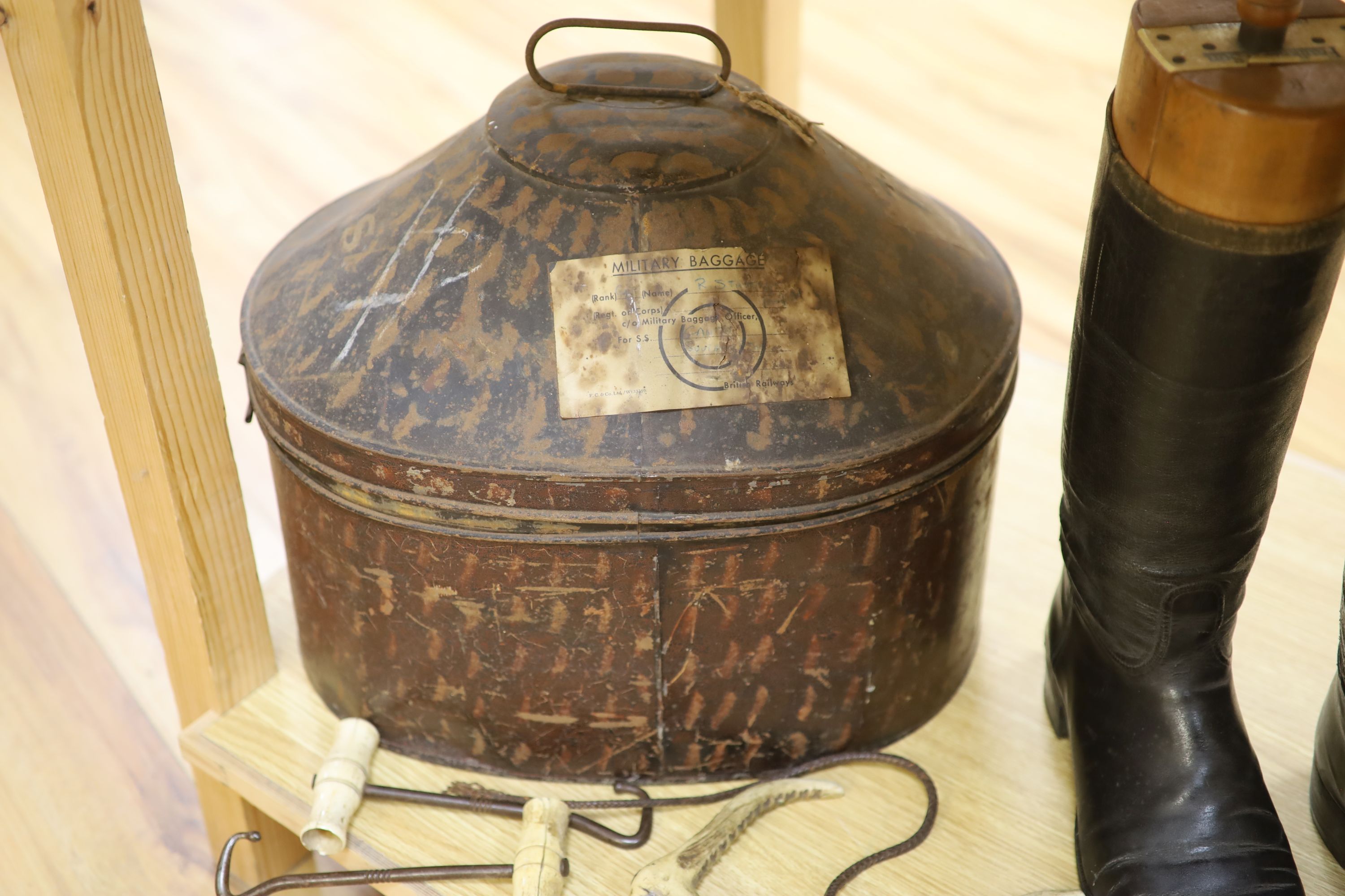 Two pairs of riding boots and trees together with two boot pulls and riding crops and a toleware hat - Image 2 of 4