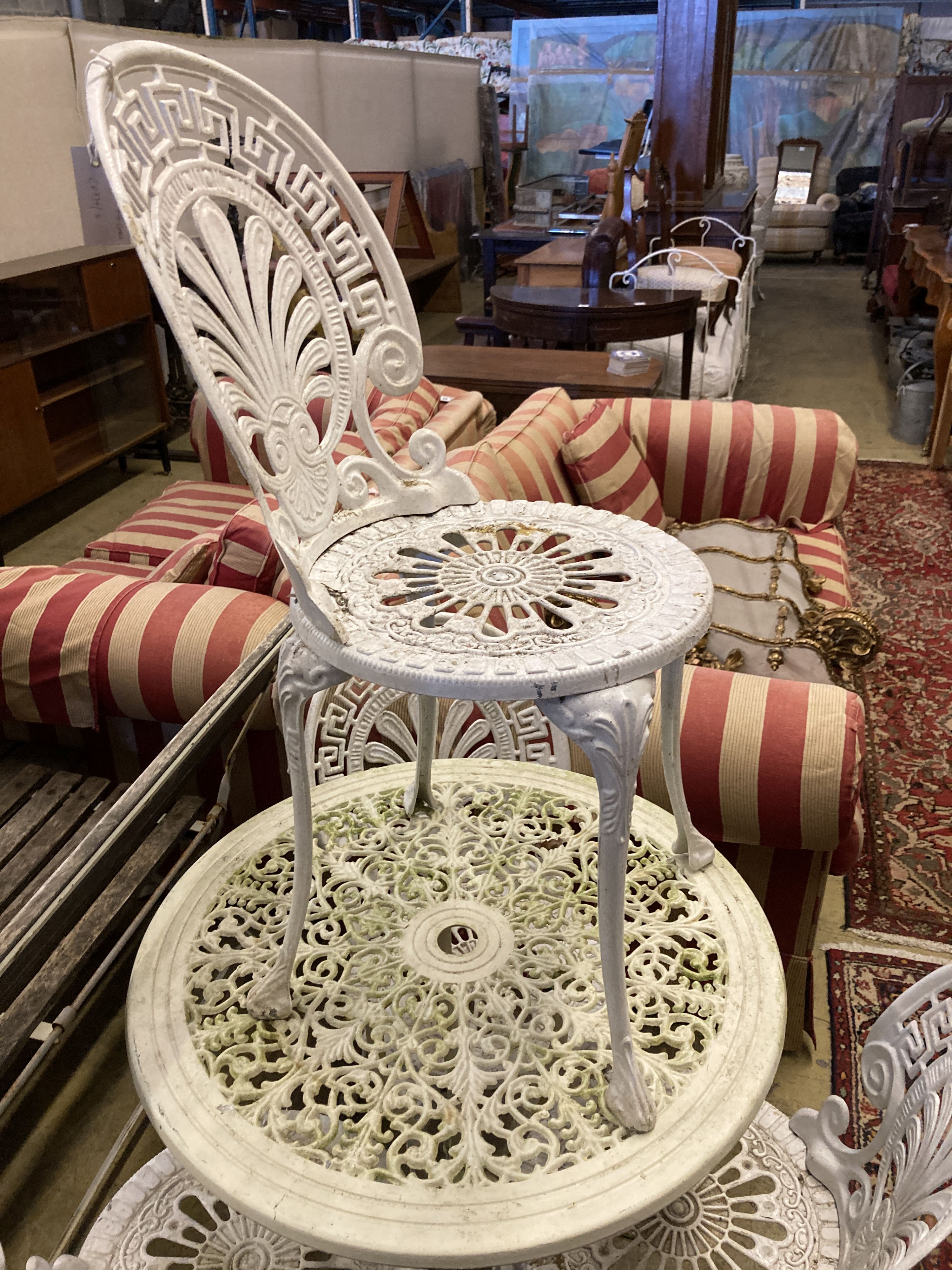 A circular Victorian style painted aluminium garden table, diameter 69cm together with a set of four - Image 3 of 5