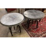 Two industrial style circular metal occasional tables, 54cm diameter, height 44cm