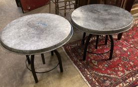 Two industrial style circular metal occasional tables, 54cm diameter, height 44cm