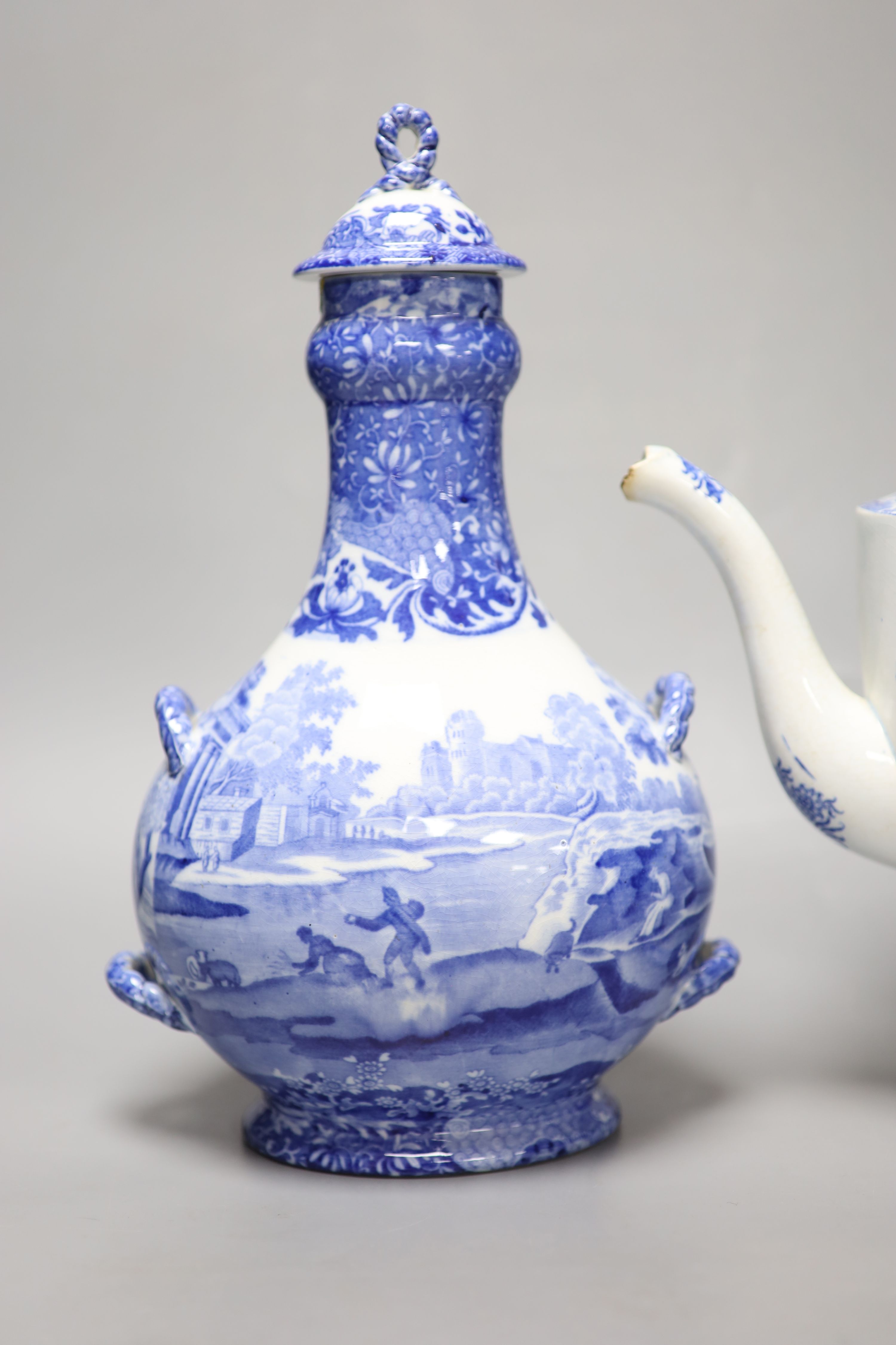 A Staffordshire pearlware blue and white pottery coffee pot and a Copeland Spode pilgrim flask, - Image 2 of 8