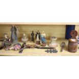 A collection of Spanish/South American carved wood or composition figures of Saints, salt box etc,