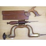 A Victorian beechwood brace, a Victorian tenon saw and one other tool (3)