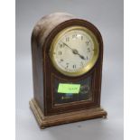 A Bulle electric inlaid mahogany arched mantel clock, height 22cm