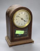 A Bulle electric inlaid mahogany arched mantel clock, height 22cm