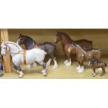 Five Beswick shire horses and a foal