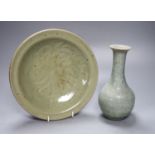 James Walford (1913-2003). A celadon glazed dish, diameter 24cm, and a crackle glazed vase,
