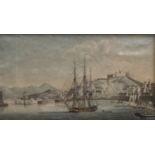 Attributed to Thomas Lyde Hornbrook (1780-1855), watercolour, Warship in Elba harbour, 11 x 20cm