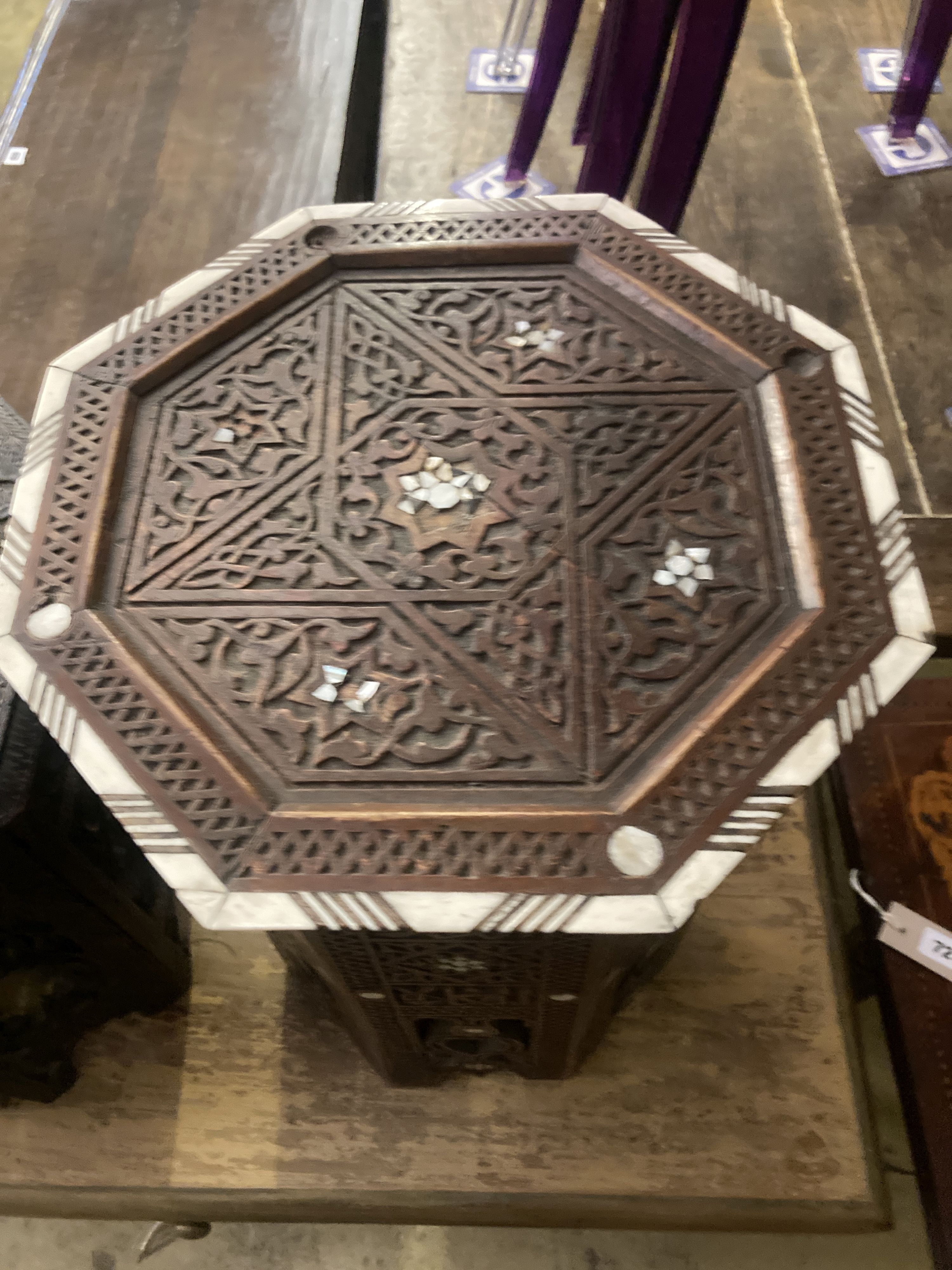 Two Moorish octagonal carved occasional tables, larger width 38cm, height 42cm - Image 3 of 4