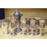 A Collis & Co Church silver plate lidded ewer, a set of six goblets from St Andrews Presbyterian