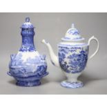A Staffordshire pearlware blue and white pottery coffee pot and a Copeland Spode pilgrim flask,