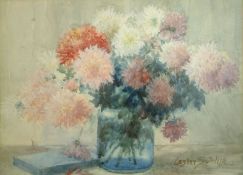 Lester Sutcliffe (1848-1933), watercolour, Still life of Chrysanthemums in a glass vase, signed,