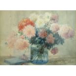 Lester Sutcliffe (1848-1933), watercolour, Still life of Chrysanthemums in a glass vase, signed,