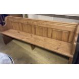 A Victorian stripped pine pew, length 194cm, depth 50cm, height 81cm