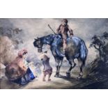 19th century English School, watercolour, Mother and children in a landscape, with a horse,