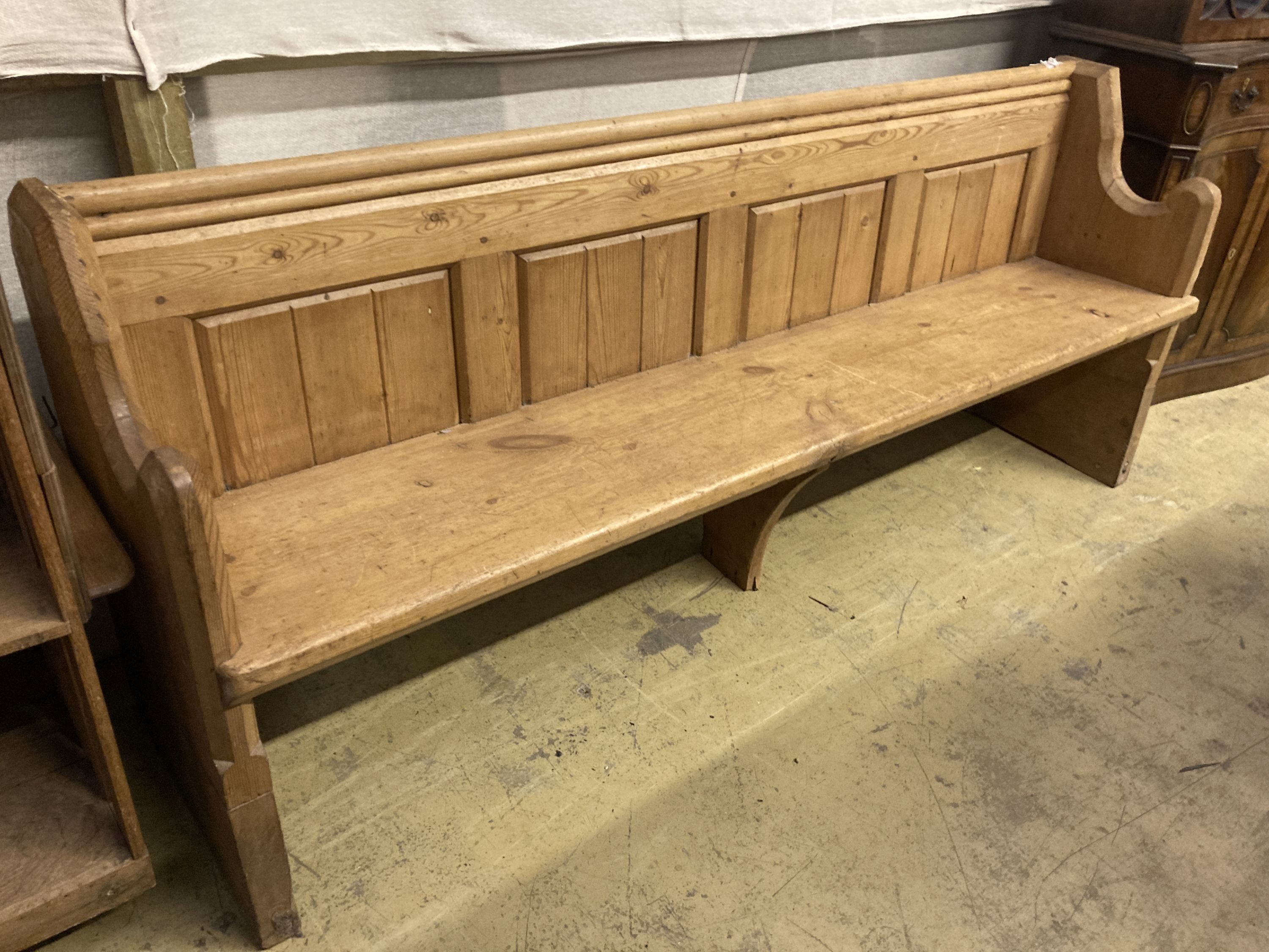 A Victorian stripped pine pew, length 194cm, depth 50cm, height 81cm - Image 3 of 4