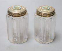 A pair of Victorian silver gilt and turquoise lidded glass cylindrical toilet jars, John Harris,