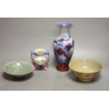 Four Chinese ceramic items, including a vase, censer and two bowls, Qing period and later.,