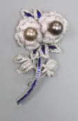 An ornate tahitian pearl and two colour paste? set costume floral spray clip brooch, 84mm.