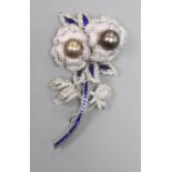 An ornate tahitian pearl and two colour paste? set costume floral spray clip brooch, 84mm.