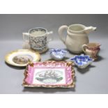 A quantity of mixed Victorian ceramics including a Sunderland lustre plaque, a jug, a two handled