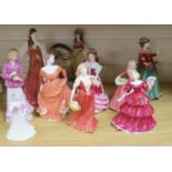 Five Royal Doulton porcelain ladies, two Coalport, one Worcester, another porcelain lady and a