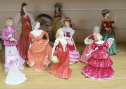 Five Royal Doulton porcelain ladies, two Coalport, one Worcester, another porcelain lady and a