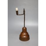 A Georgian wrought iron rush light/candlestick, height 37cm