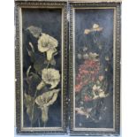 English School c.1900, a pair of oil on leather?, Still lifes of lilies and poppies, 52 x 17cm