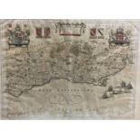 John Blaeu, coloured engraving, Map of Suthsexia Vernaculae Sussex, overall 49 x 60.5cm