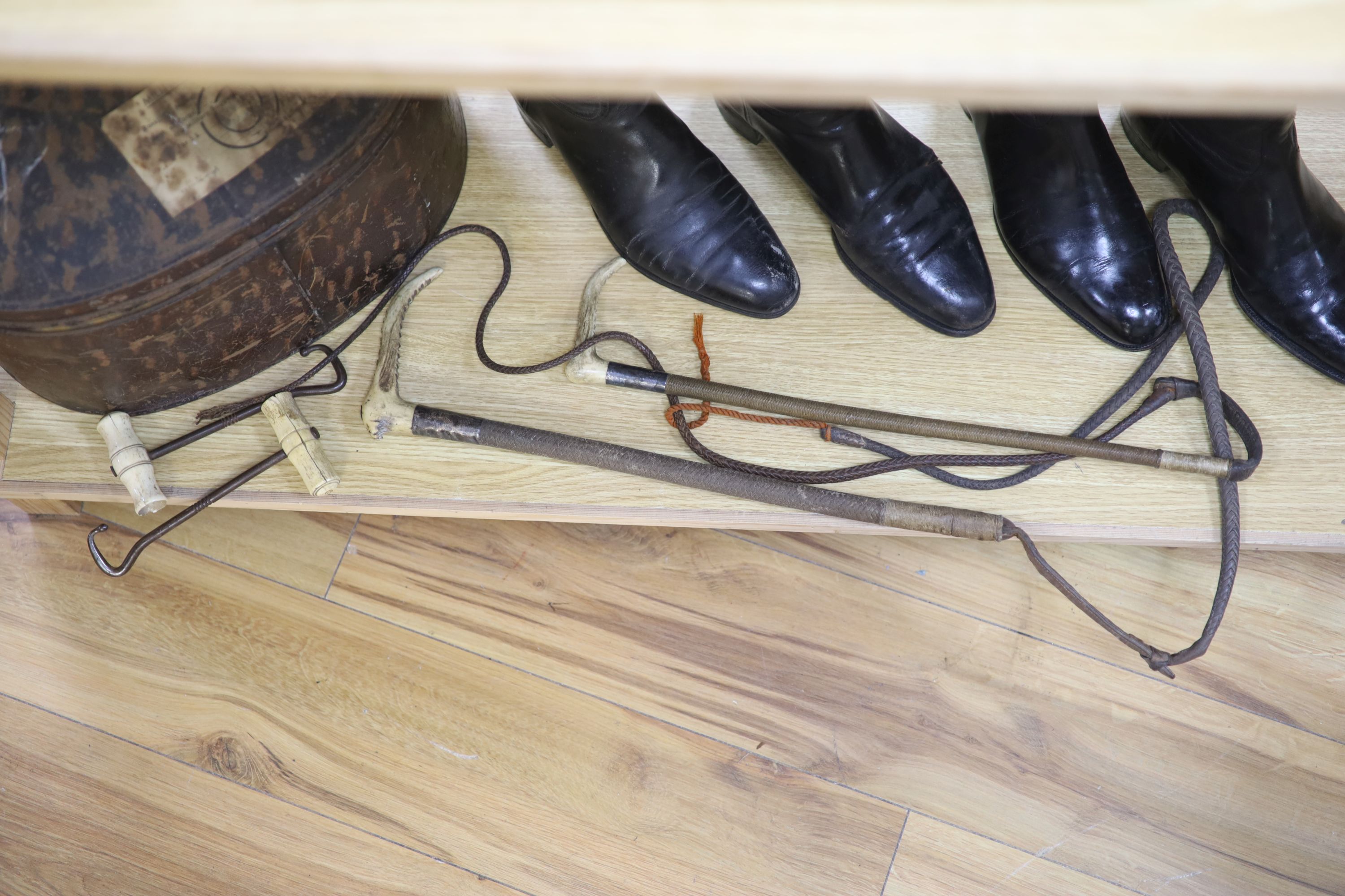 Two pairs of riding boots and trees together with two boot pulls and riding crops and a toleware hat - Image 3 of 4