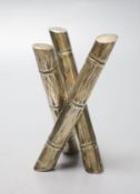 A late Victorian novelty silver posy vase, modelled as three crossed 'bamboo' canes, Stokes &