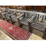 A set of six weathered teak elbow chairs, width 62cm, depth 58cm, height 85cm